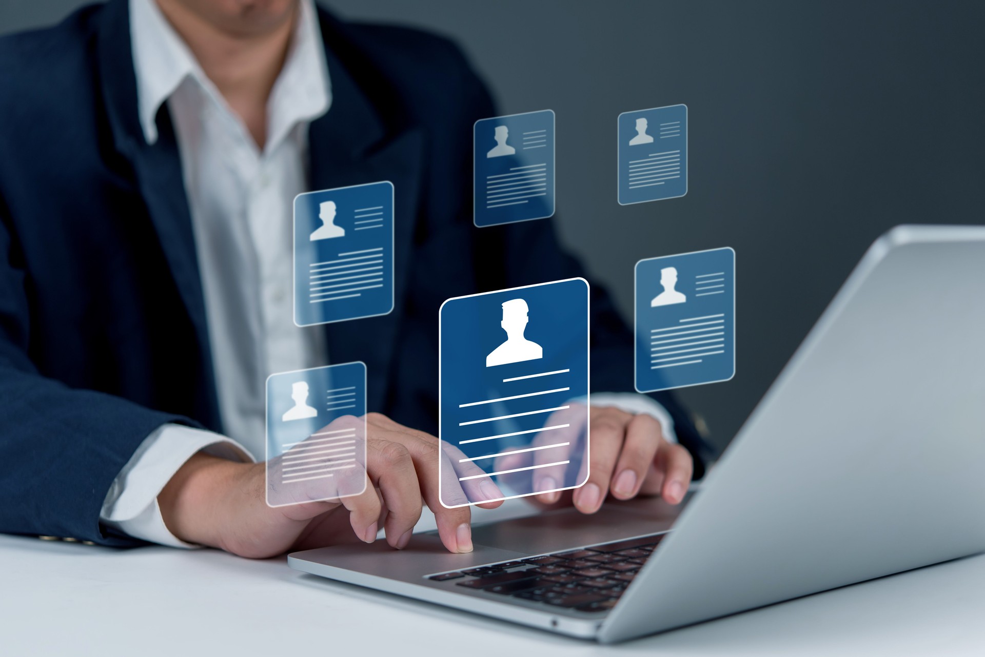 HR manager evaluating resumes and applicant data using online platform hiring, modern recruitment, talent search, and job applications. employment analytics, and profile management.